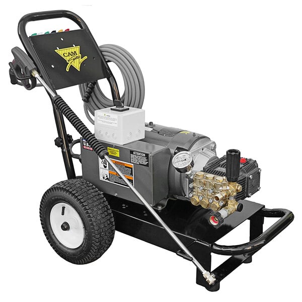 A Cam Spray X Series portable electric cold water pressure washer with a hose attached.