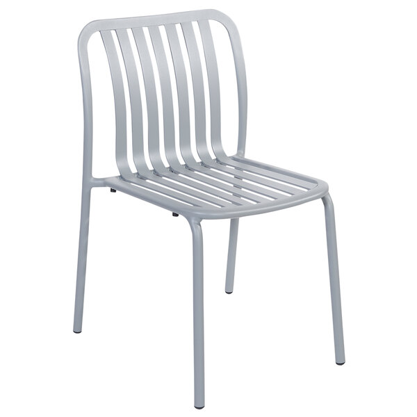 A gray BFM Seating Key West outdoor side chair with a slatted back.