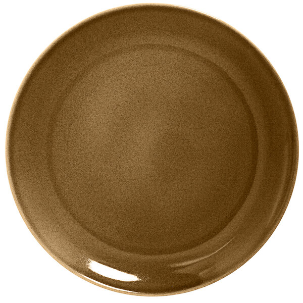 A brown RAK Porcelain Genesis Coupe plate with a glossy white background.