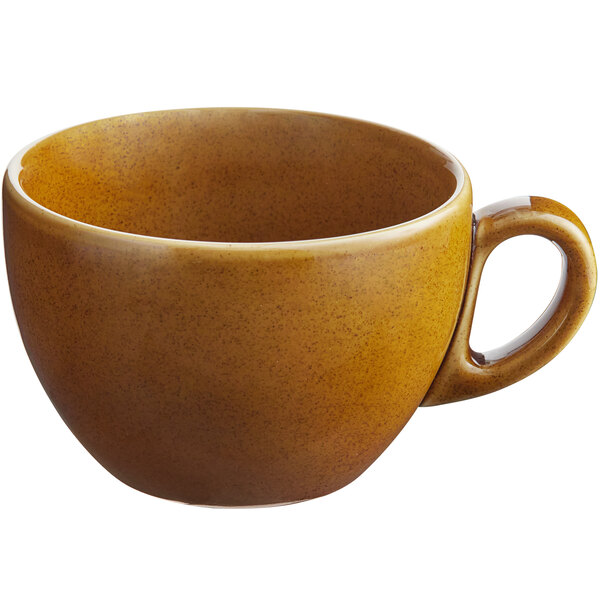 A brown porcelain coffee cup with a handle.