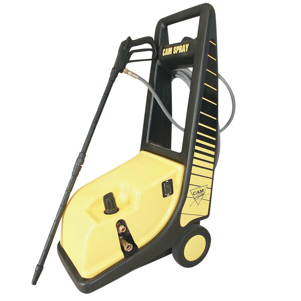 A yellow and black Cam Spray portable electric cold water pressure washer with a hose.