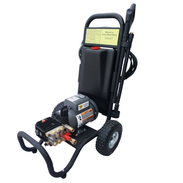 A black pressure washer with a black handle and yellow label on wheels.
