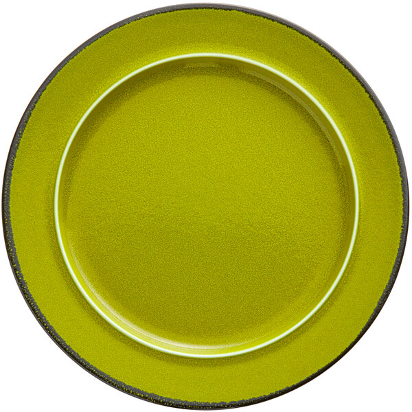 A green porcelain plate with a white rim.