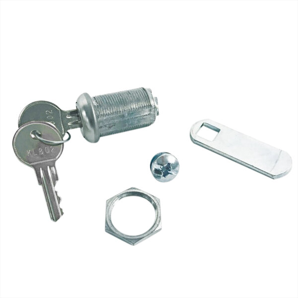 A metal lock assembly with a key, screws, and a hexagon nut.