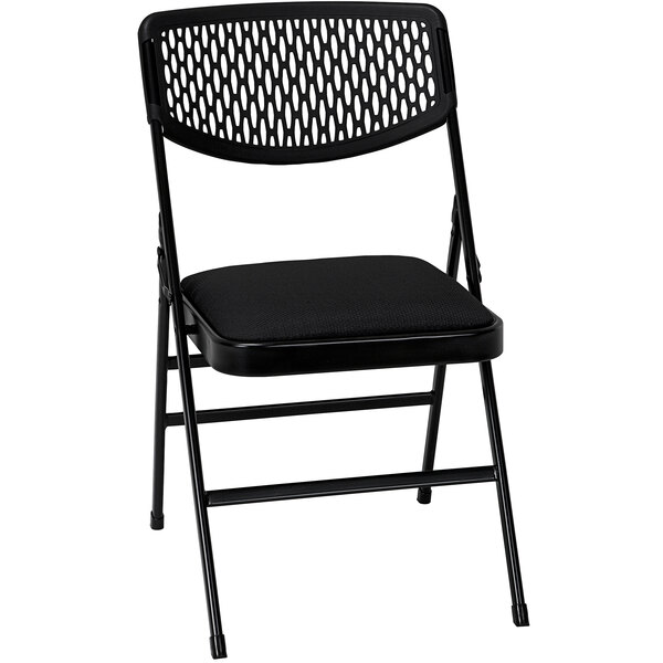 A Bridgeport Essentials black resin folding chair with a black fabric cushion.
