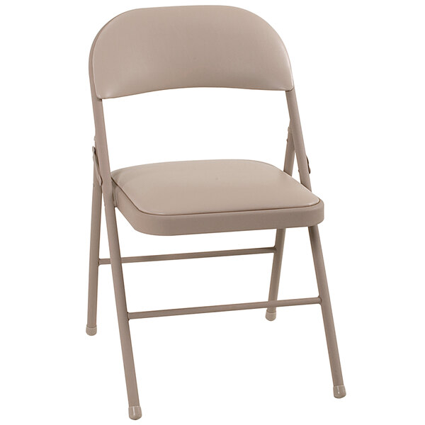 A tan Bridgeport Essentials folding chair with a white cushion.