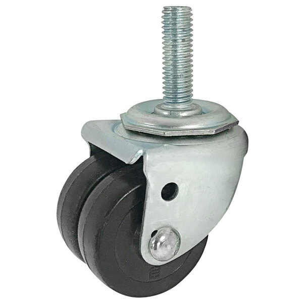 A metal stem caster with a black wheel and a screw.