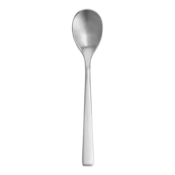 A stainless steel Fortessa Spada teaspoon with a silver handle.