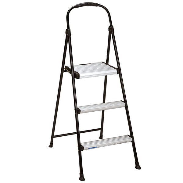 A black and silver Cosco 3-step ladder with a black handle.
