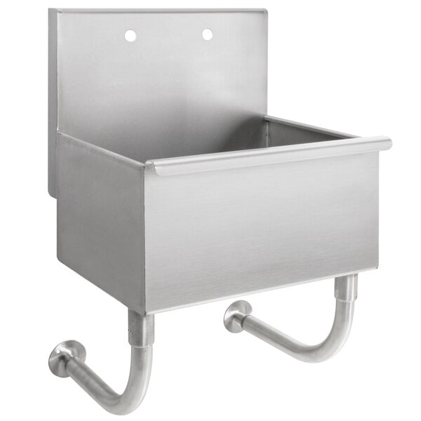 A stainless steel Advance Tabco wall mounted utility sink with a drain and pipe attached.