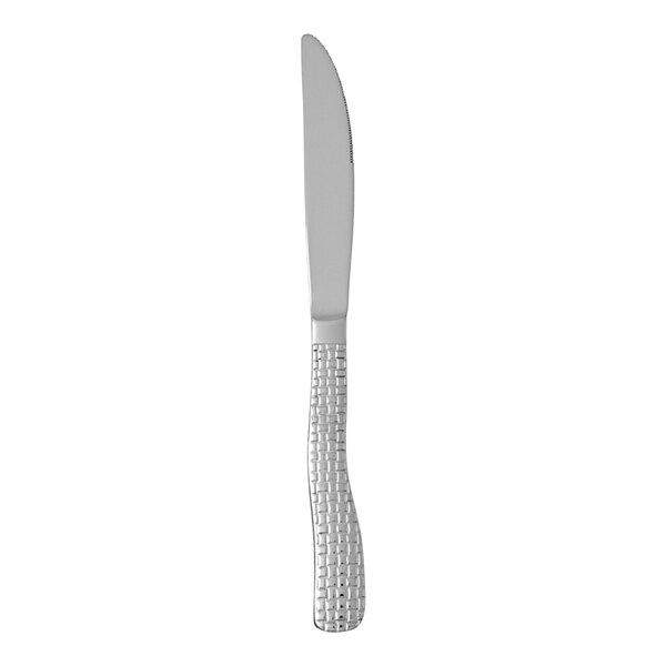 A Fortessa Cestino stainless steel dessert knife with a textured silver handle.