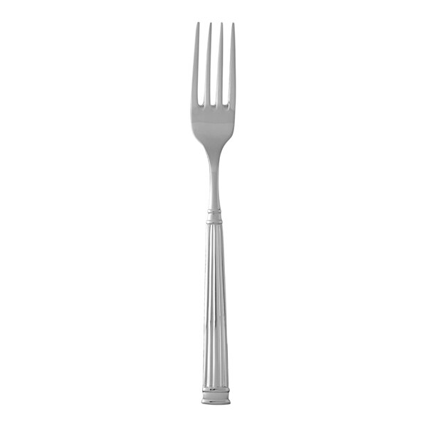 A Fortessa Doria stainless steel salad/dessert fork with a silver handle.