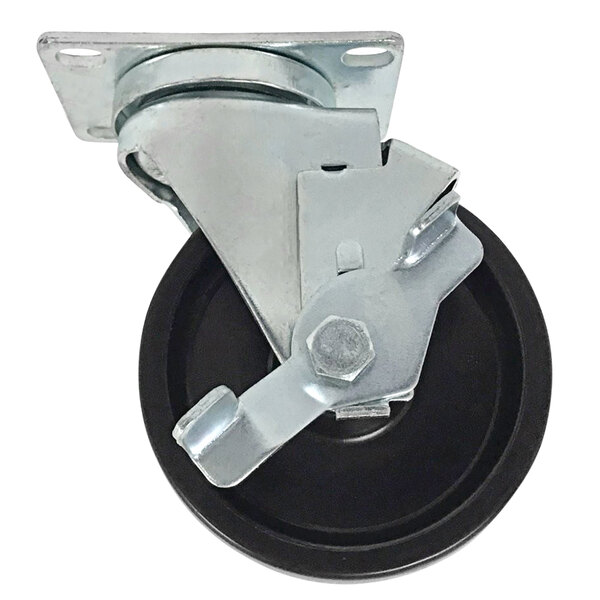 A metal plate and black metal caster wheel for a Continental Refrigerator.