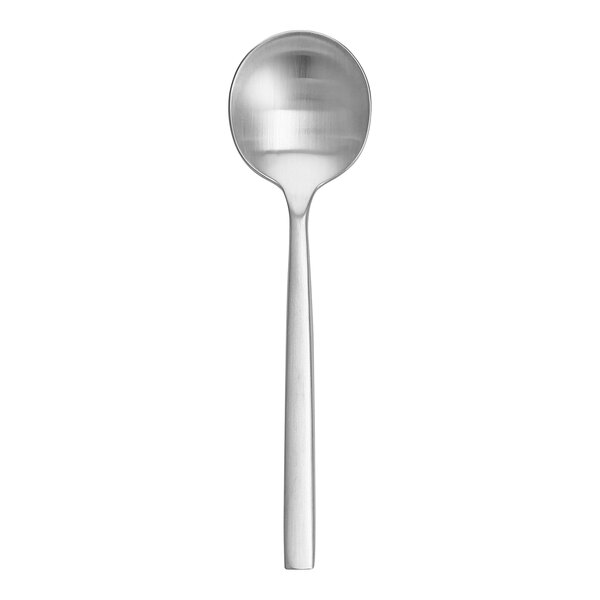 A Fortessa Arezzo stainless steel bouillon spoon with a long handle.