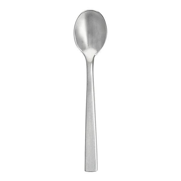 A Fortessa Spada stainless steel demitasse spoon with a silver finish.