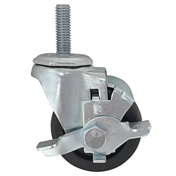 A Continental Refrigerator black metal swivel caster with a black rubber wheel and brake, with a screw and nut.
