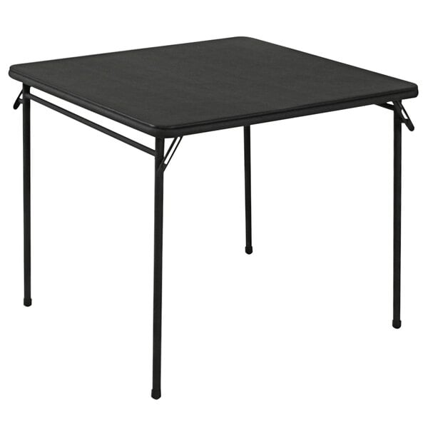 A Bridgeport Essentials black square folding table with a metal frame and legs.