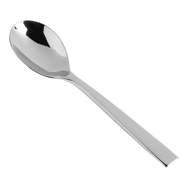 A Fortessa Spada stainless steel serving spoon with a silver handle.