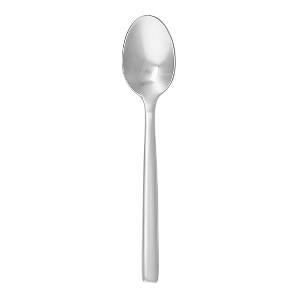 A Fortessa Arezzo stainless steel demitasse spoon with a white handle.