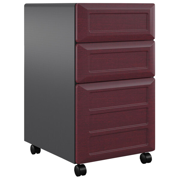 A gray and cherry Bridgeport file cabinet.