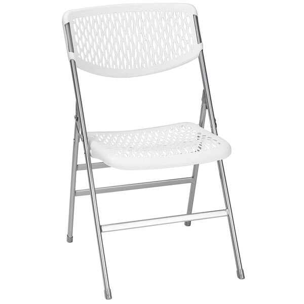 A white resin Bridgeport Essentials folding chair with a mesh seat and back.