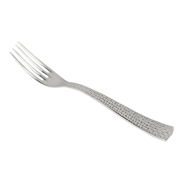 A close-up of a Fortessa Cestino stainless steel salad/dessert fork with a silver handle.