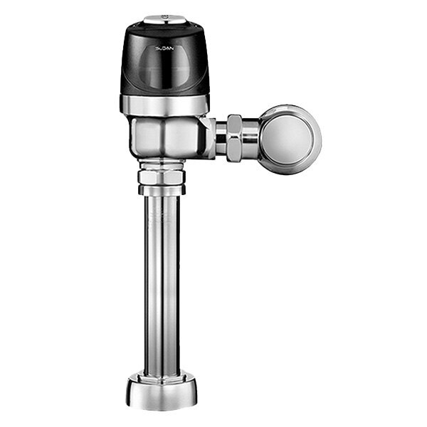 A Sloan chrome single flush sensor flushometer for toilets with a black and stainless steel water valve.