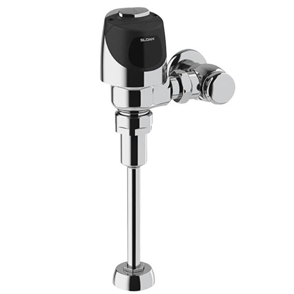 A chrome Sloan urinal flushometer with a black top spud cover.
