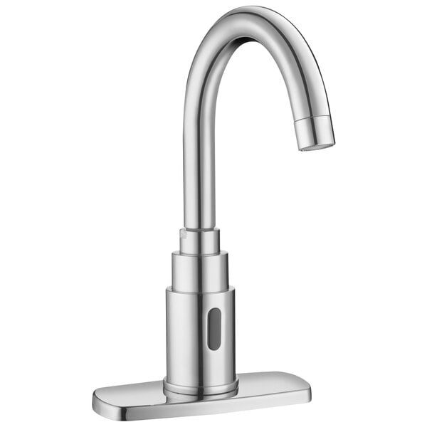 A Sloan chrome sensor faucet with a gooseneck spout and trim plate.