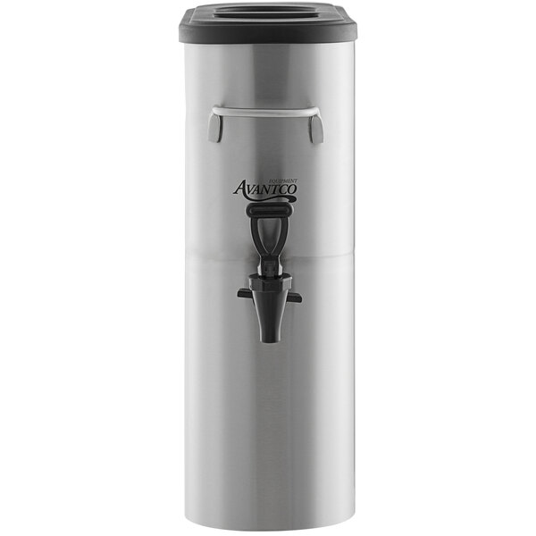An Avantco silver and black iced tea dispenser on a counter.