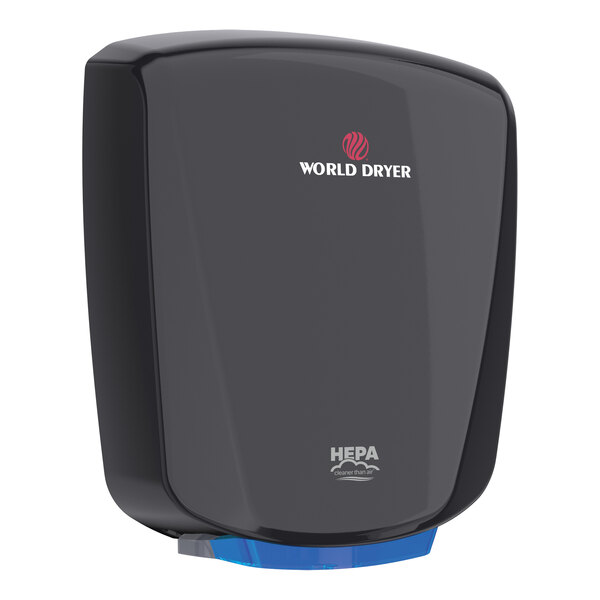 A black World Dryer hand dryer with a logo.