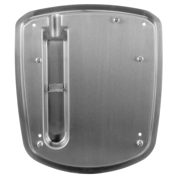 A metal plate with a hole and a stainless steel handle.