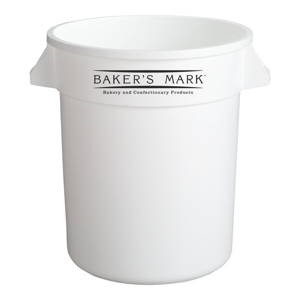 A large white round ingredient storage bin labeled 'Baker's Mark' with a 20-gallon capacity.