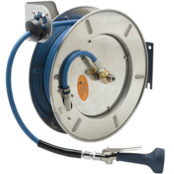 A T&S stainless steel hose reel with a blue hose.