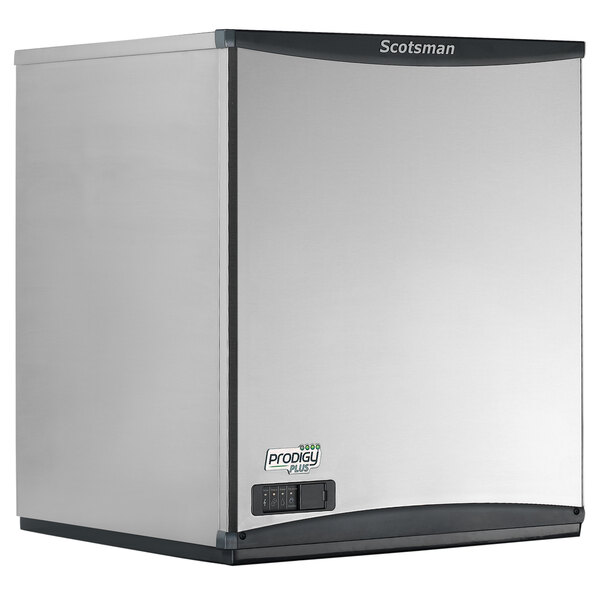 A Scotsman remote condenser ice machine with a black and silver exterior.