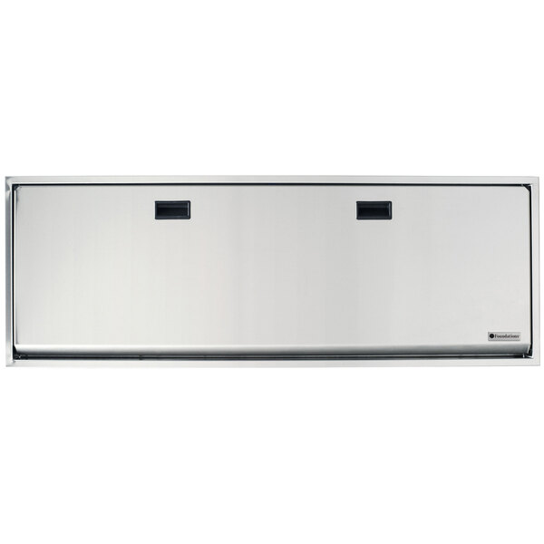 A white rectangular stainless steel Foundations adult/child changing station.