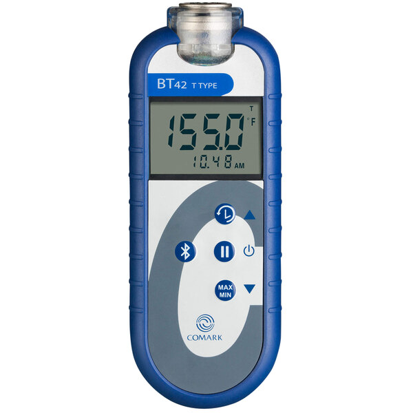 A close-up of a blue and white Comark Bluetooth thermocouple thermometer.