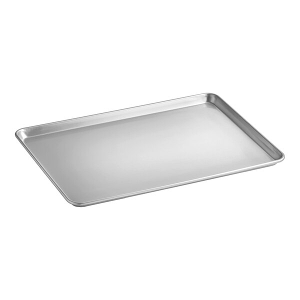 A full size aluminum bun pan or sheet pan with a wire-reinforced rim.