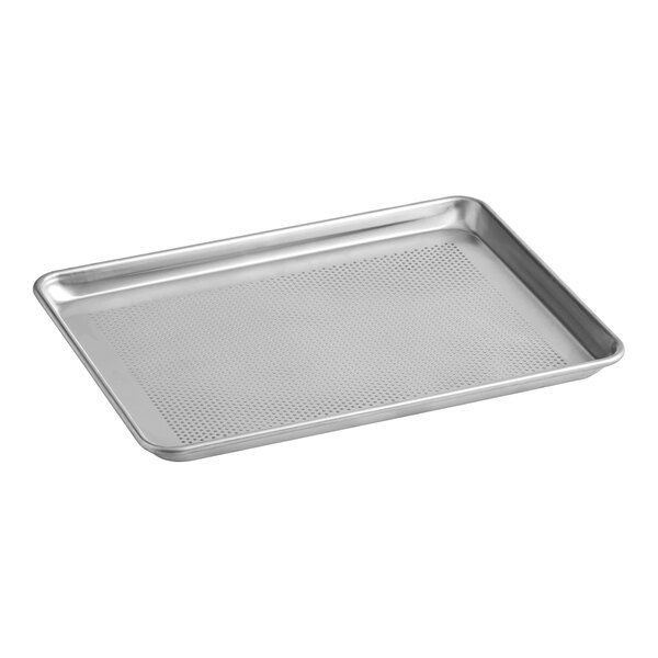 A rectangular aluminum perforated baking sheet pan with a wire-reinforced rim.