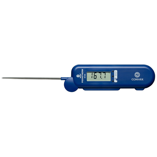 A blue Comark Pocketherm thermometer with a screen.