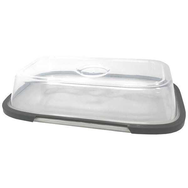 A clear plastic lid covering a rectangular platter.