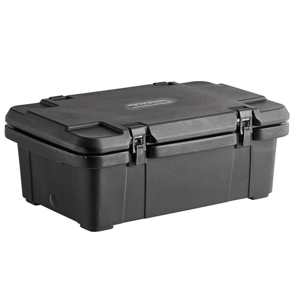 A black plastic food pan carrier with a lid.