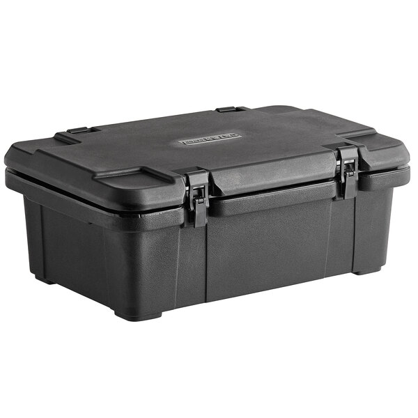 A black plastic CaterGator food pan carrier with a lid.