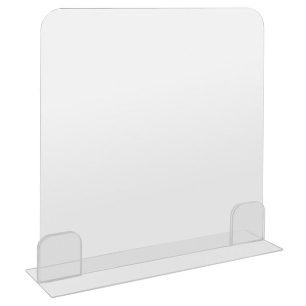 A clear plastic safety shield with platform bases.
