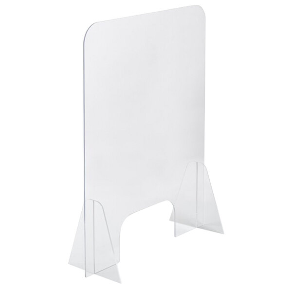 A clear plastic safety shield with legs.