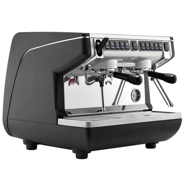 A black and silver Nuova Simonelli Appia Life Compact 2 Group Volumetric Espresso Machine with two coffee cups.