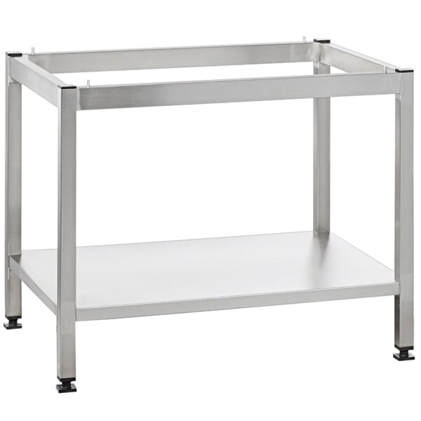 A metal table with a Rational open base elevated stand with two shelves.