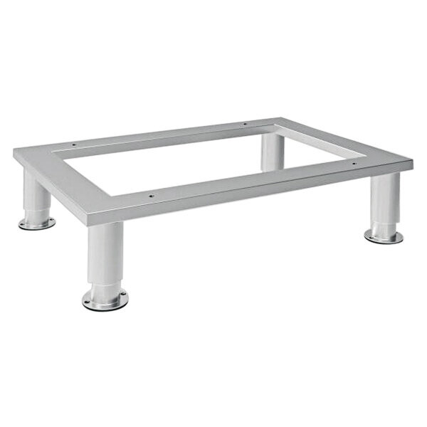 A silver metal Rational open base oven stand with height-adjustable casters.