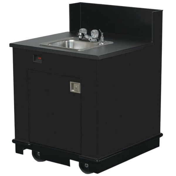 A black Vollrath mobile hand sink cart with a deck mount faucet.