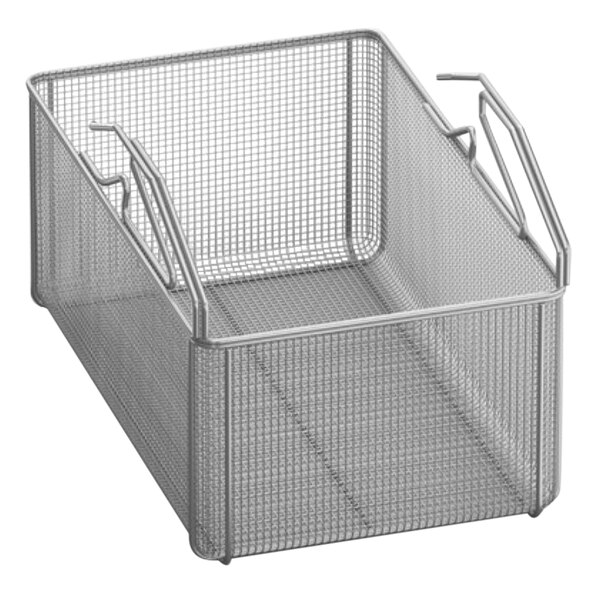 A wire mesh Rational frying basket with two handles.